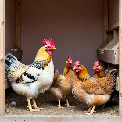 Rooster with hens in coop