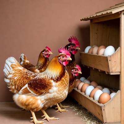 Chickens near wooden egg coop