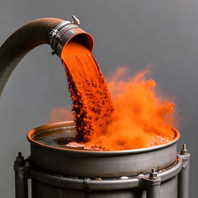 Orange Powder Pouring from Hose into Drum