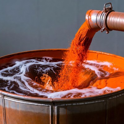Orange Powder Pouring into Drum