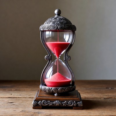 Hourglass with red sand on wood