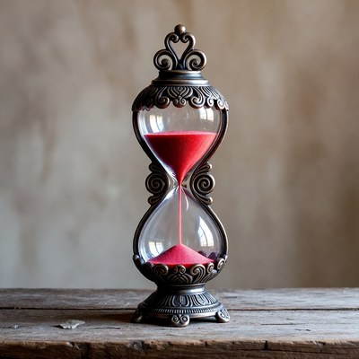 Red sand hourglass on wooden table