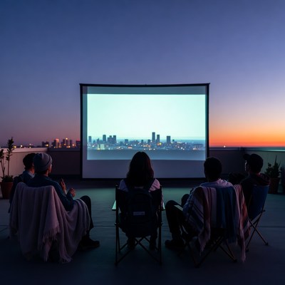 Group watching outdoor movie sunset skyline