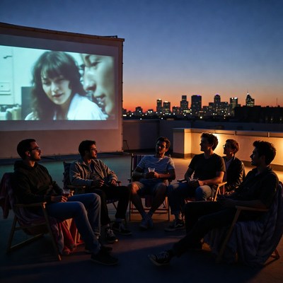 Group of men watching rooftop movie