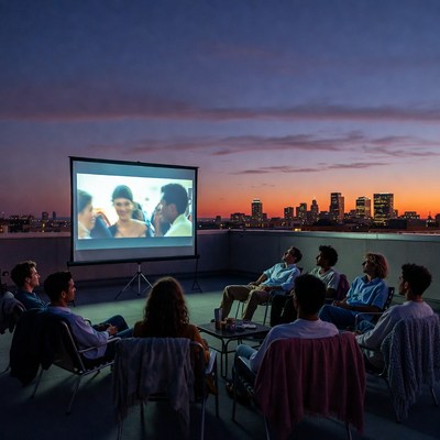Group watching movie on rooftop