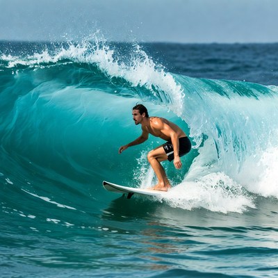 Man surfing inside turquoise wave