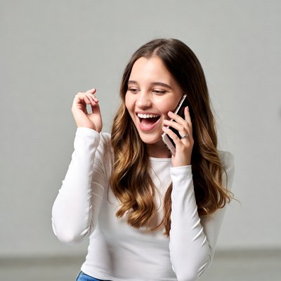 Excited young woman talking on phone
