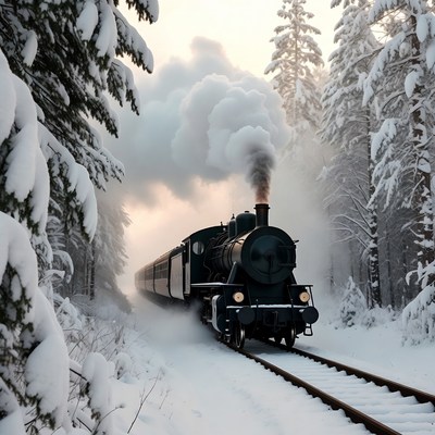 Steam train in snowy forest