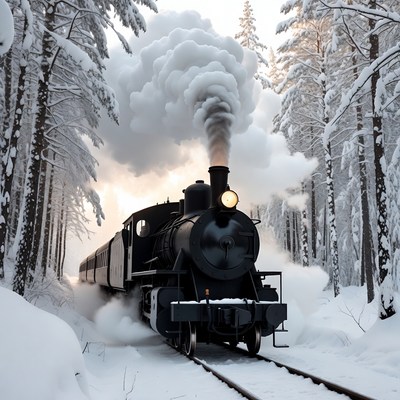 Steam train in snowy forest