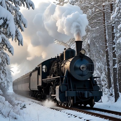 Steam Train in Snowy Forest