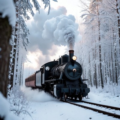 Steam train in snowy forest