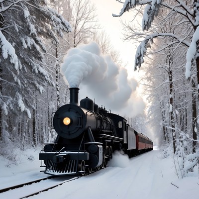Steam Train in Snowy Forest