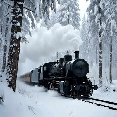 Steam train in snowy forest