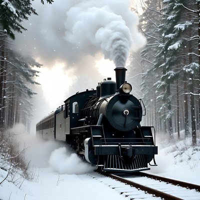 Steam train in snowy forest