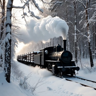 Steam Train in Snowy Forest