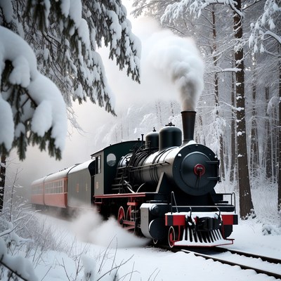Steam train in snowy forest