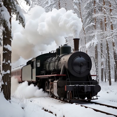Steam train in snowy forest