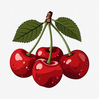 Cluster of red cherries with leaves