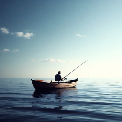 Man fishing from rowboat on lake