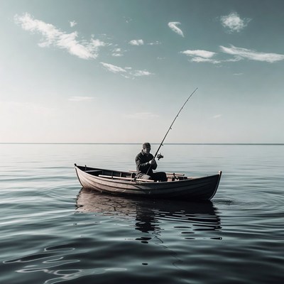 Man fishing from rowboat on lake
