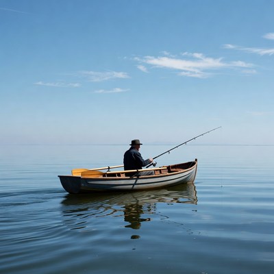 Man fishing from rowboat on lake