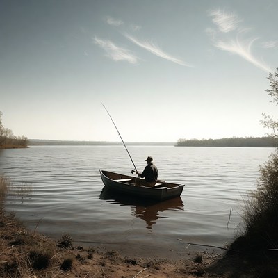 Man fishing from rowboat on lake