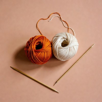 Orange and White Yarn Balls with Knitting Needles