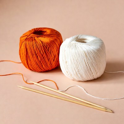Orange and White Yarn Balls with Knitting Needles