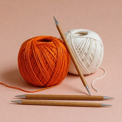 Orange and White Yarn with Knitting Needles