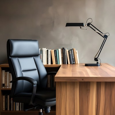 Black Leather Chair at Wooden Desk with Lamp