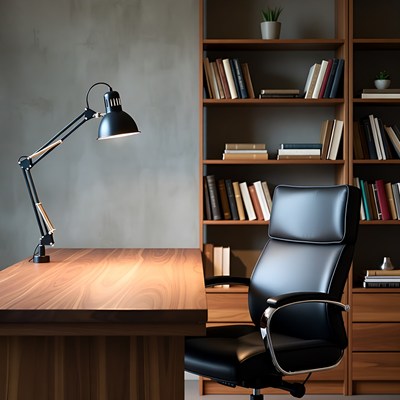Modern Wooden Desk with Bookshelf and Lamp