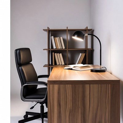 Modern Wooden Desk with Books and Lamp