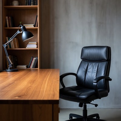 Empty Wooden Desk with Black Office Chair