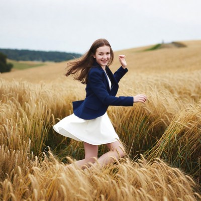 Girl jumping in wheat field
