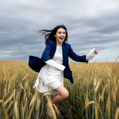 Woman running joyfully in wheat field