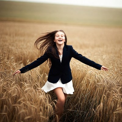 Girl running with arms outstretched in wheat field