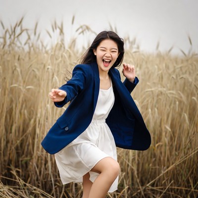 Asian woman laughing in wheat field