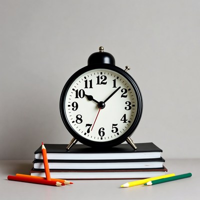 Black Alarm Clock on Colored Pencils Stack