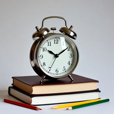 Alarm Clock on Stack of Books with Pencils