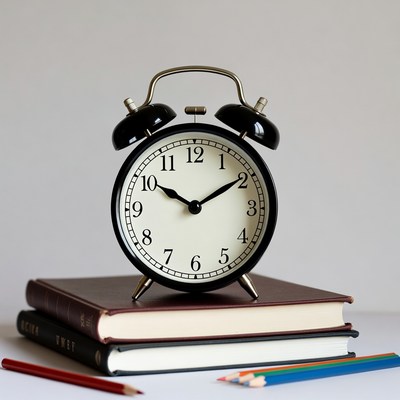 Black Alarm Clock on Books with Pencils