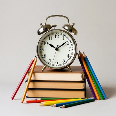 Alarm Clock with Pencils and Books