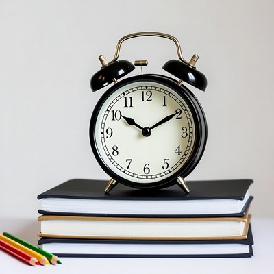 Black Alarm Clock on Books with Pencils