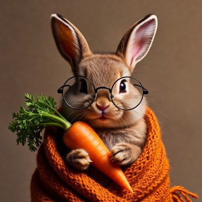 Rabbit wearing glasses holding carrot