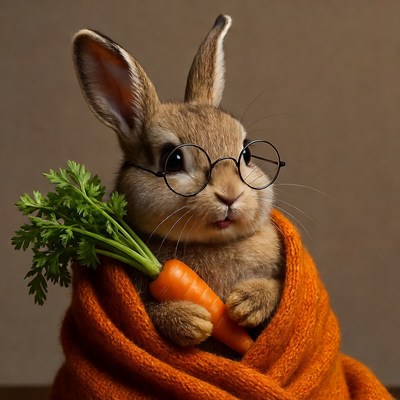 Rabbit in glasses holding carrot