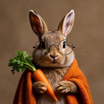 Rabbit wearing glasses holding carrot