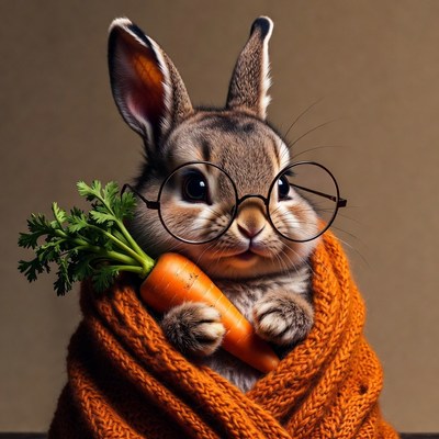 Cute bunny holding carrot and glasses