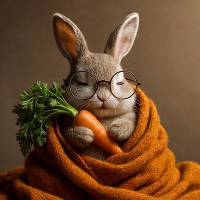 Cute bunny with glasses holding carrot