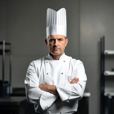 Chef with arms crossed in kitchen