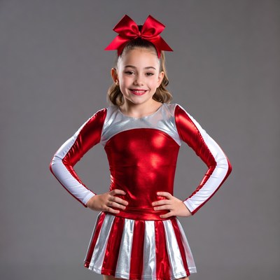 Girl in red cheerleader uniform with bow