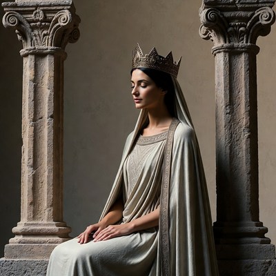 Woman in crown between stone columns